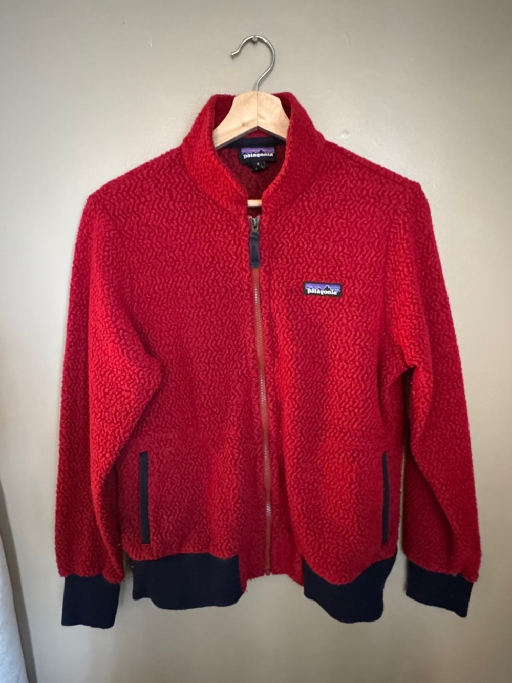 Patagonia Red Fuzzy Sherpa Zip Jacket with Navy Trim